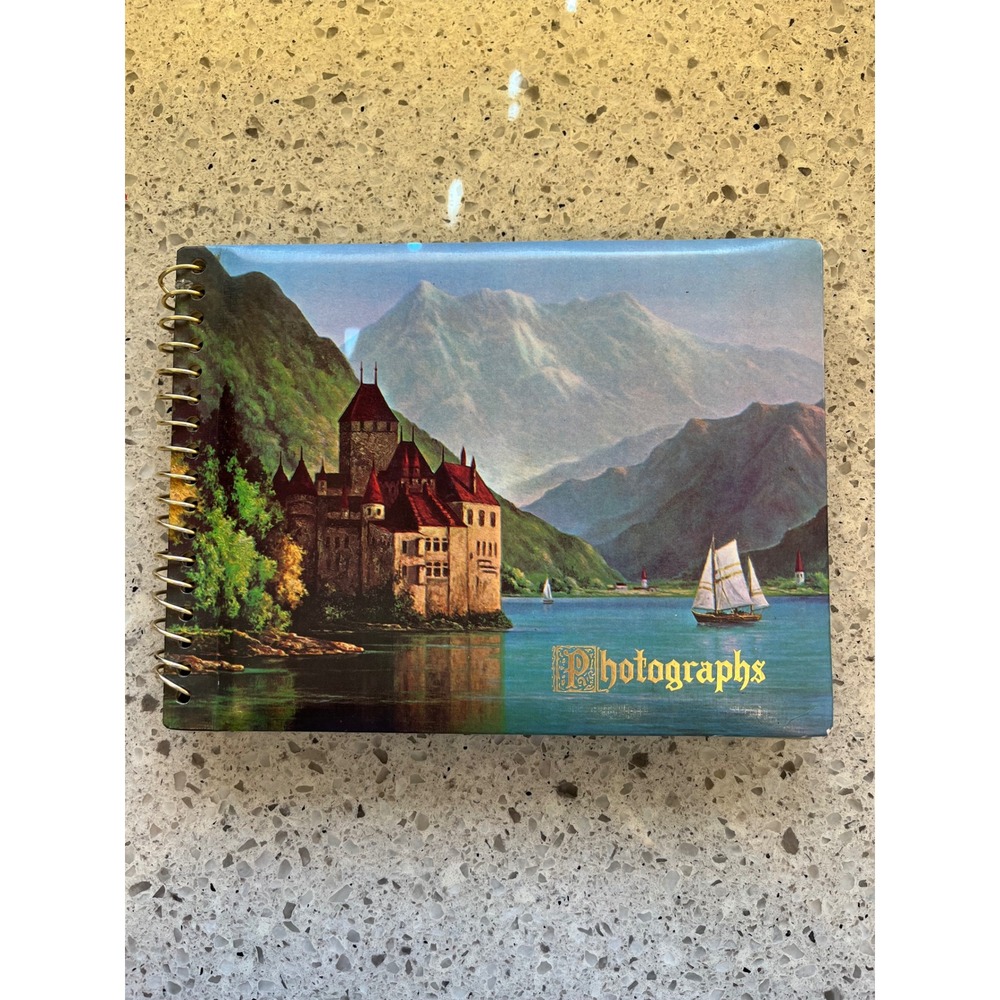 Photo Album Castle Lake Scenic Landscape Black Page Spiral Vintage